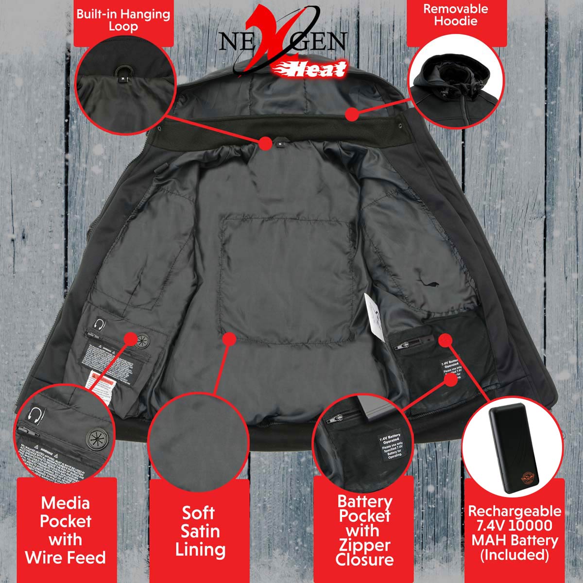 Nexgen Heat NXM1767SET Men's 'Ruffled' Black Soft Shell Heated Hooded Jacket (Included Rechargeable 10000mAh Battery)