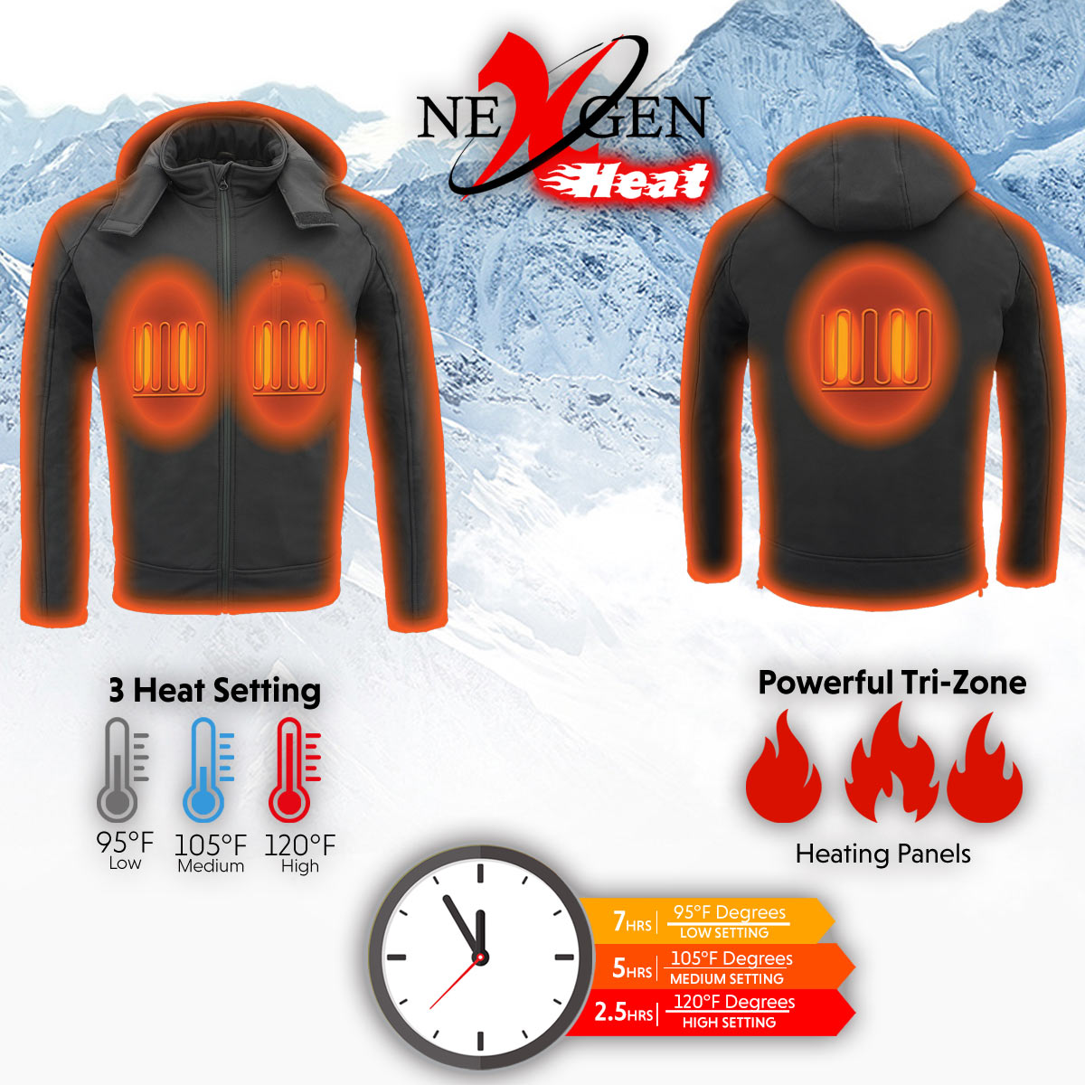 Nexgen Heat NXM1767SET Men's 'Ruffled' Black Soft Shell Heated Hooded Jacket (Included Rechargeable 10000mAh Battery)