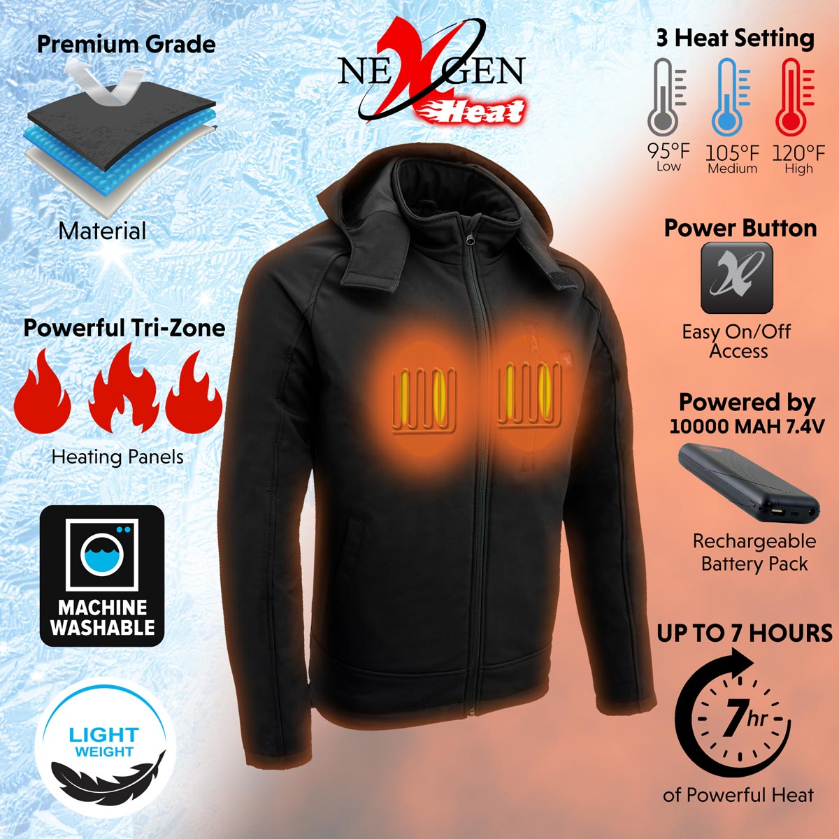 NexGen NXM1767SET Men's 'Ruffled' Black 'Heated' Soft-Shell Hooded Jacket (Rechargeable Battery Pack Included)