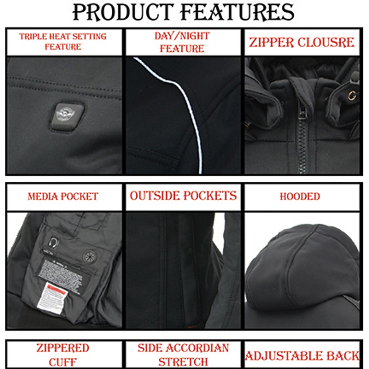 NexGen NXM1767SET Men's 'Ruffled' Black 'Heated' Soft-Shell Hooded Jacket (Rechargeable Battery Pack Included)