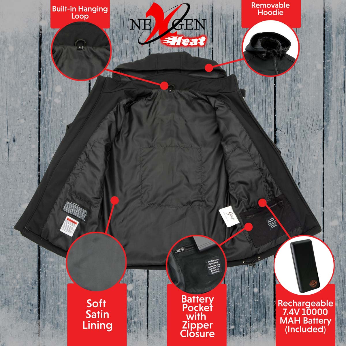 Nexgen Heat MPM1767SET Men's Black 'Heated' Soft Shell Hooded Zipper Front Jacket with Detachable Hood