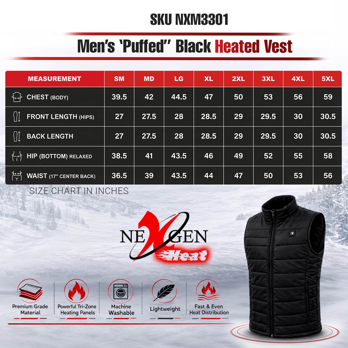 NexGen NXM3301SET Men's 'Puffed' Black Heated Textile Vest (Rechargeable Battery Pack Included)