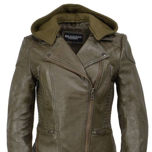 Milwaukee Leather SFL2815 Womens Olive Motorcycle Style Leather Jacket with Hoodie and Asymmetrical Zipper