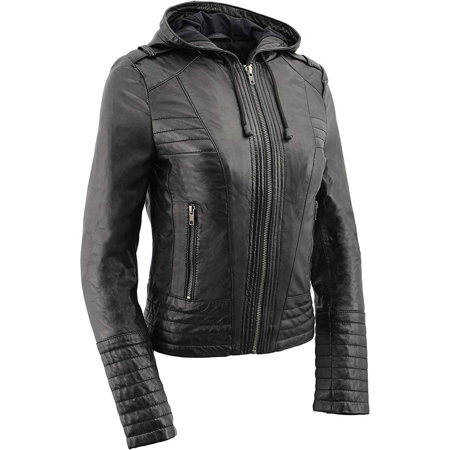 M-Boss Apparel BOS3554 Women's Black Premium Leather Fashion Biker Style Jacket w/ Hoodie