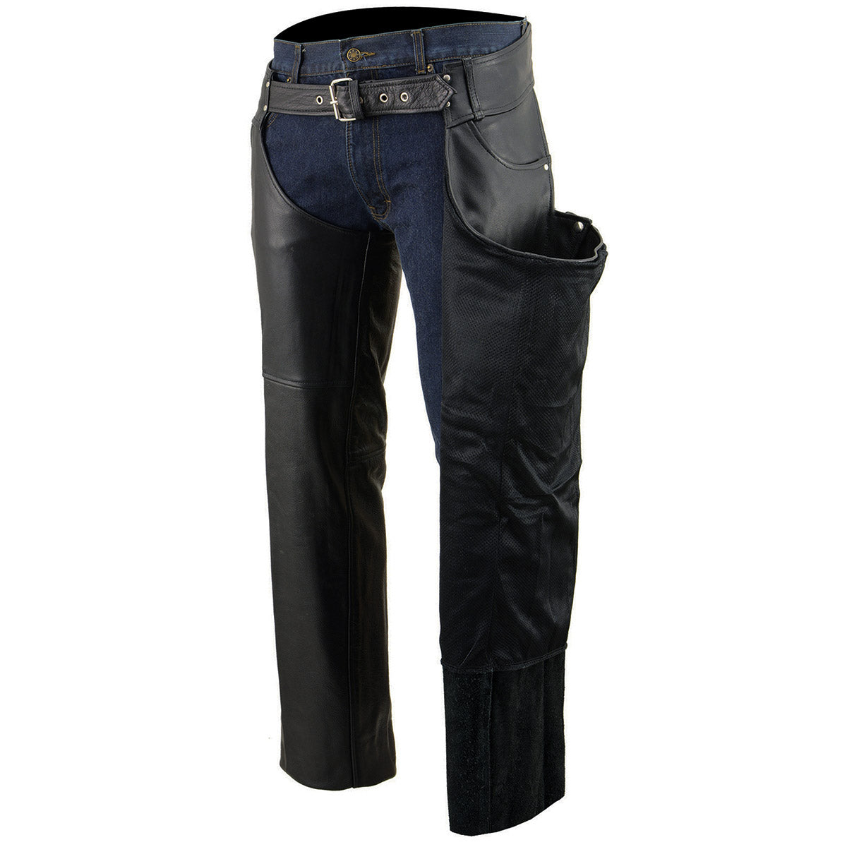 Milwaukee Leather SH1101TALL Men's Classic Black Motorcycle Riding Leather Chaps with Jean Pockets in Tall Sizes