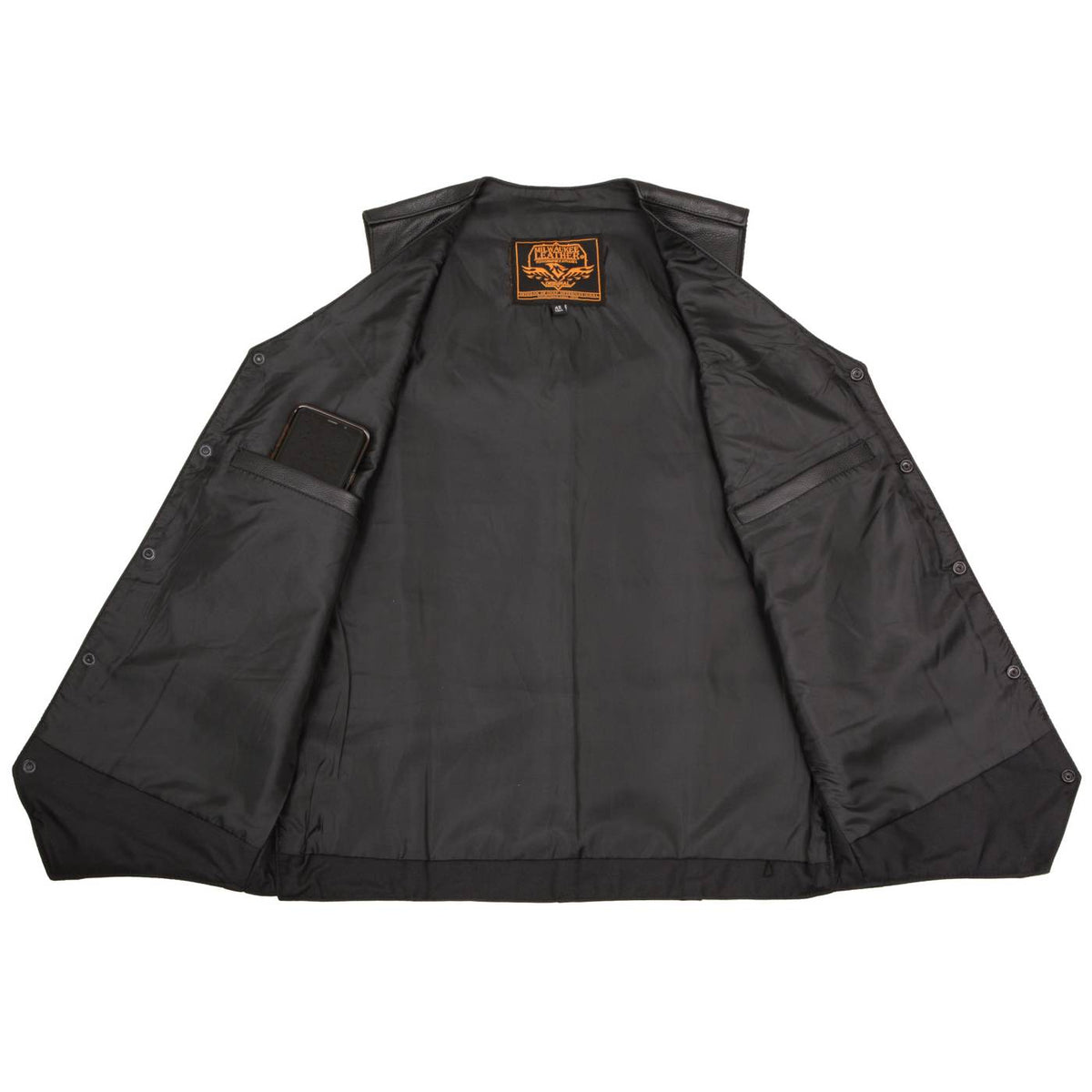 Milwaukee Leather SH1310Tall Men's Black Leather Classic V-Neck Motorcycle Rider Vest w/ Snap Button Closure