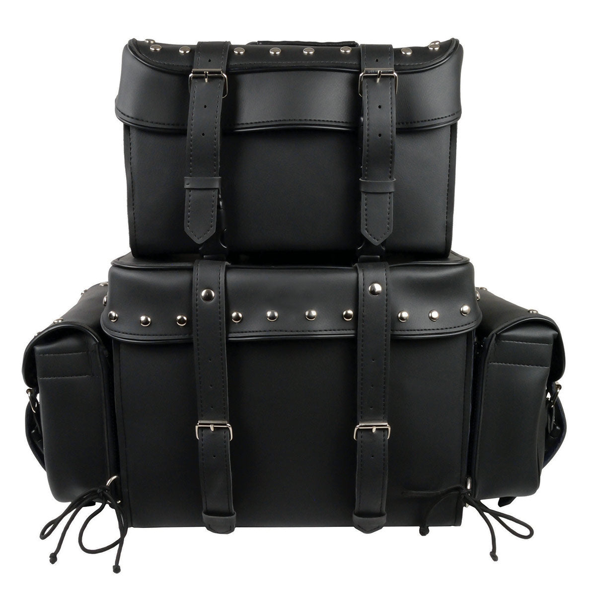 black leather backpack with silver milwaukee Milwaukee Leather SH650 Large Black PVC 4-Piece Studded Motorcycle Touring Pack with Barrel Bag