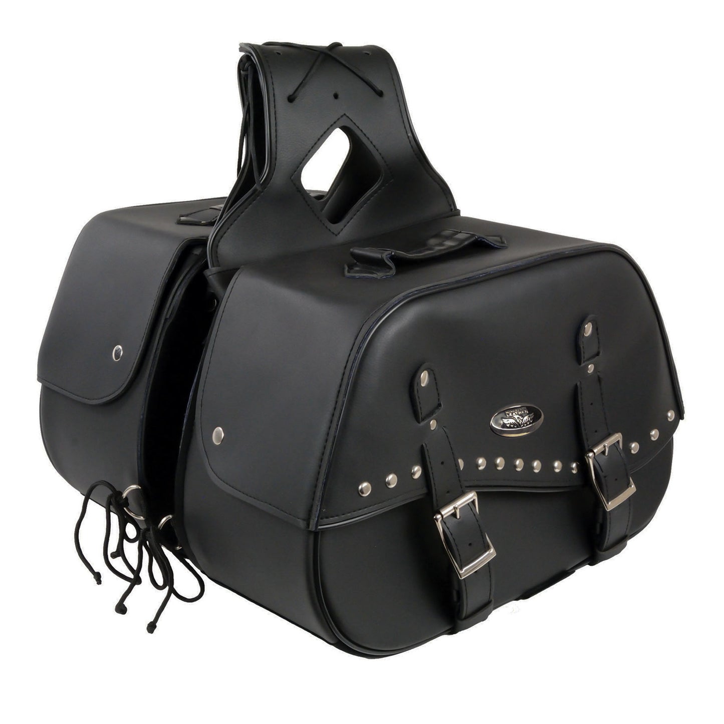 Milwaukee Leather SH655ZB Black Zip-Off Two Buckle Extended Lid Studded PVC Throw Over Motorcycle Saddle Bag (19X12X7X20)