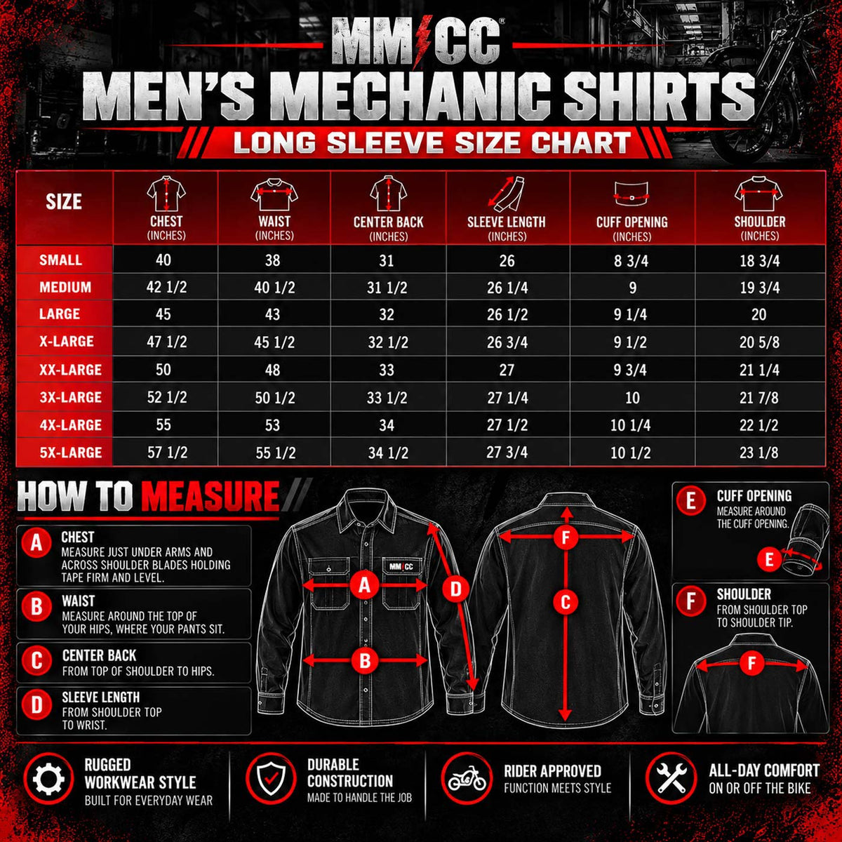 MMCC Men's Block Shift Long Sleeve Mechanic Shop Shirt - Microfiber Panel - MMC16154