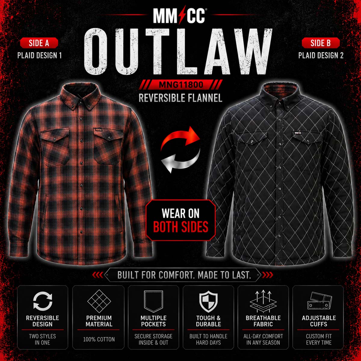 MMCC Men's 'Outlaw' Reversible Flannel Shirt - 100% Cotton Snap Front Plaid w/ Chest and Hand Pockets - MNG11800
