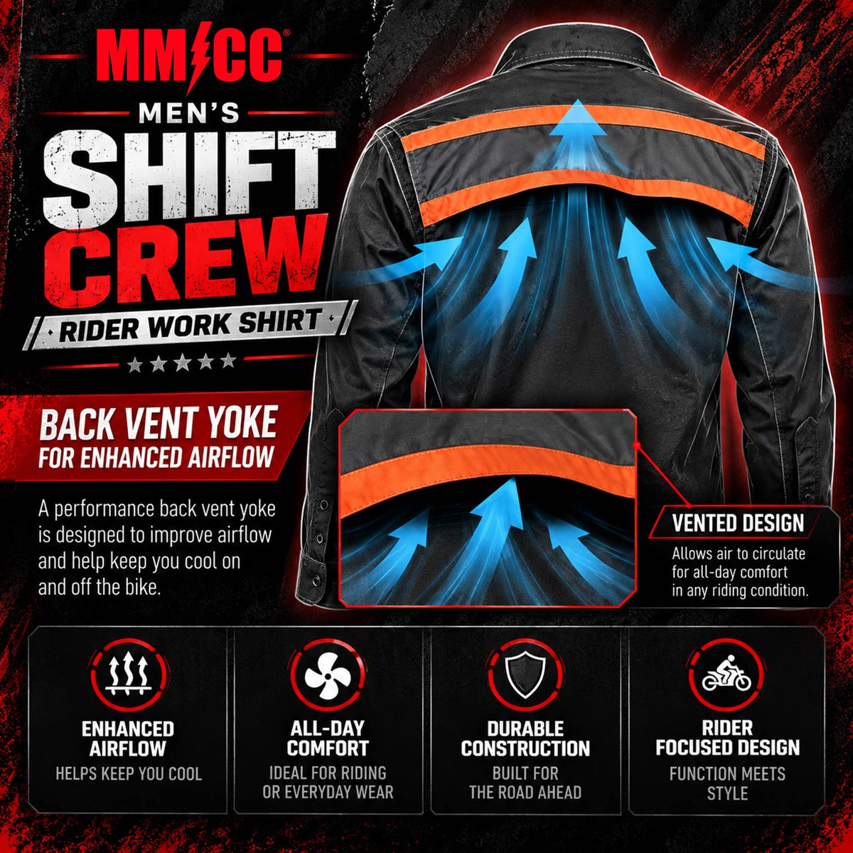 MMCC Men's Shift Crew Long Sleeve Vented Mechanic Shop Shirt - MMC16153