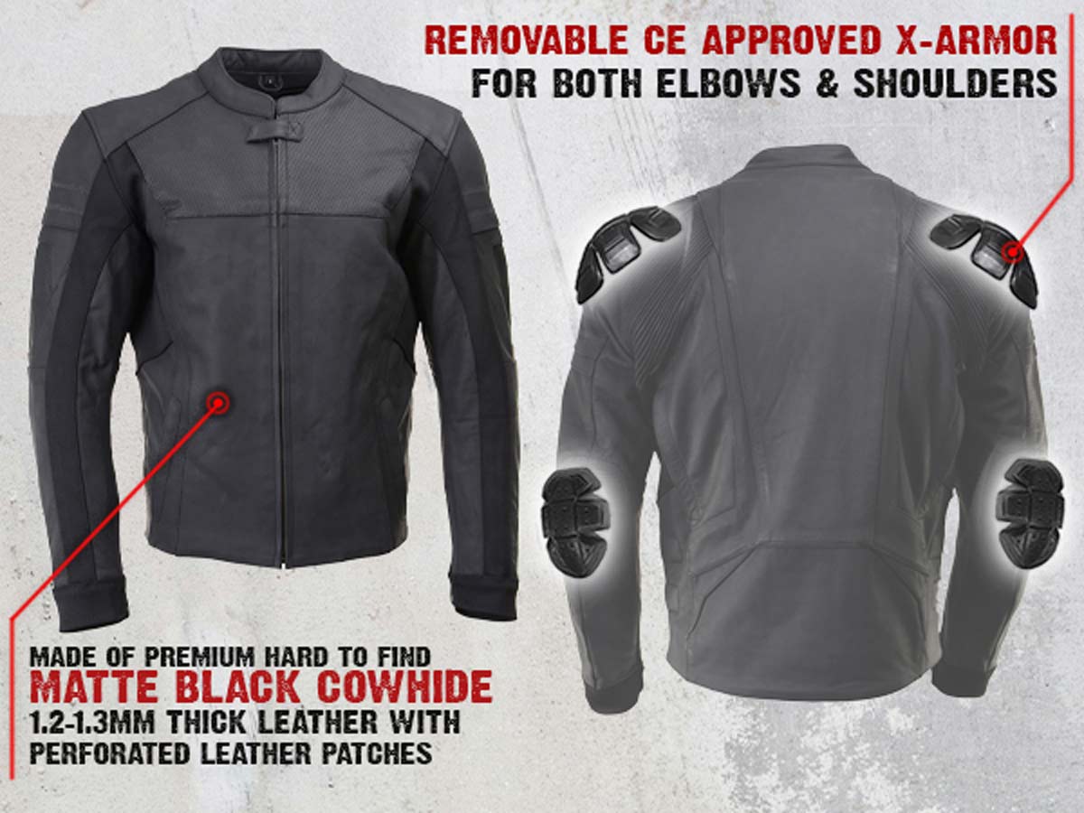 Milwaukee Leather LKM17014 Men's Matte Black Premium Leather Protective Motorcycle Racing Style Biker Jacket w/ CE Armor