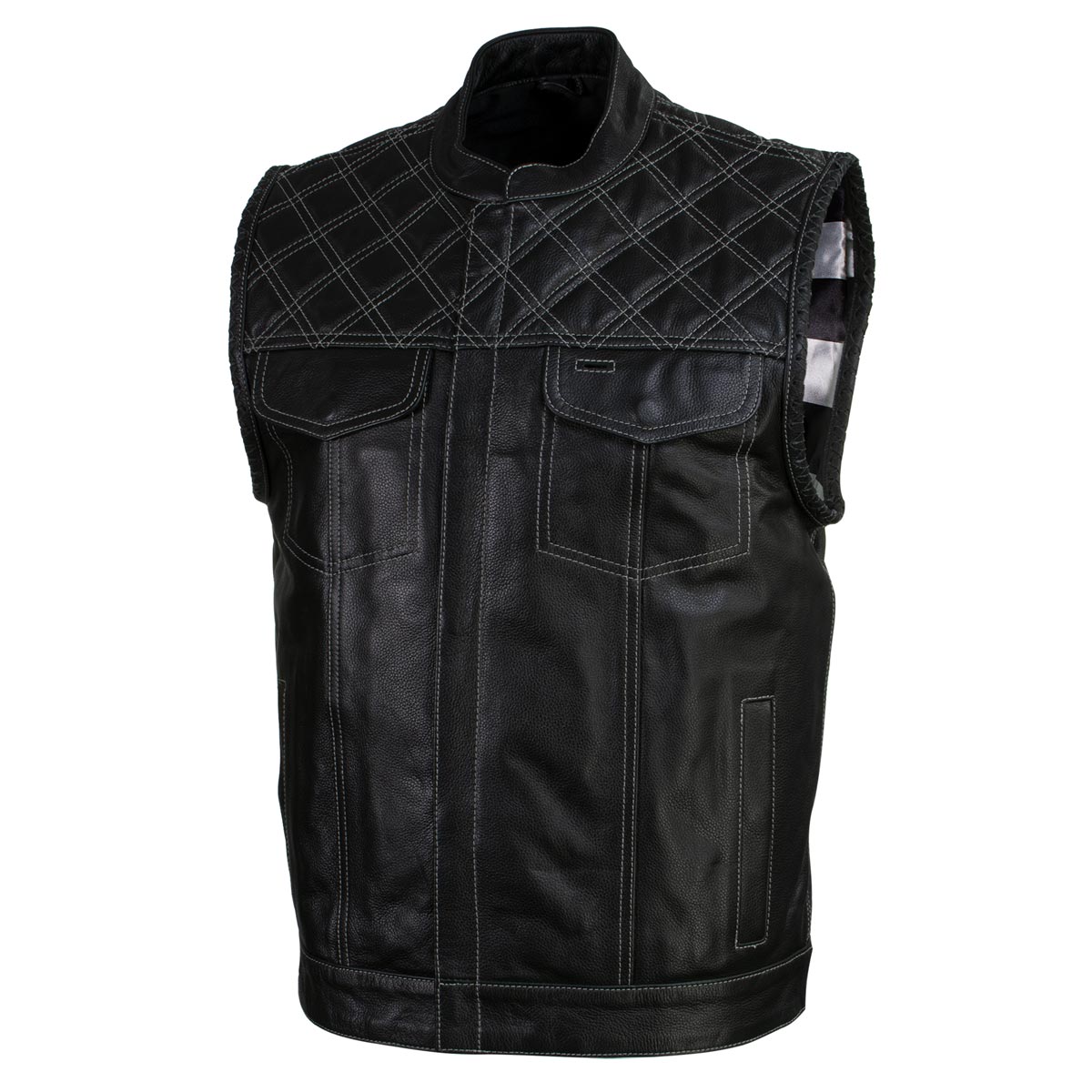 Milwaukee Leather LKM3784 Men's Classic Black Leather Motorcycle Rider Vest Stars and Stripes Design w/ USA Flag Liner