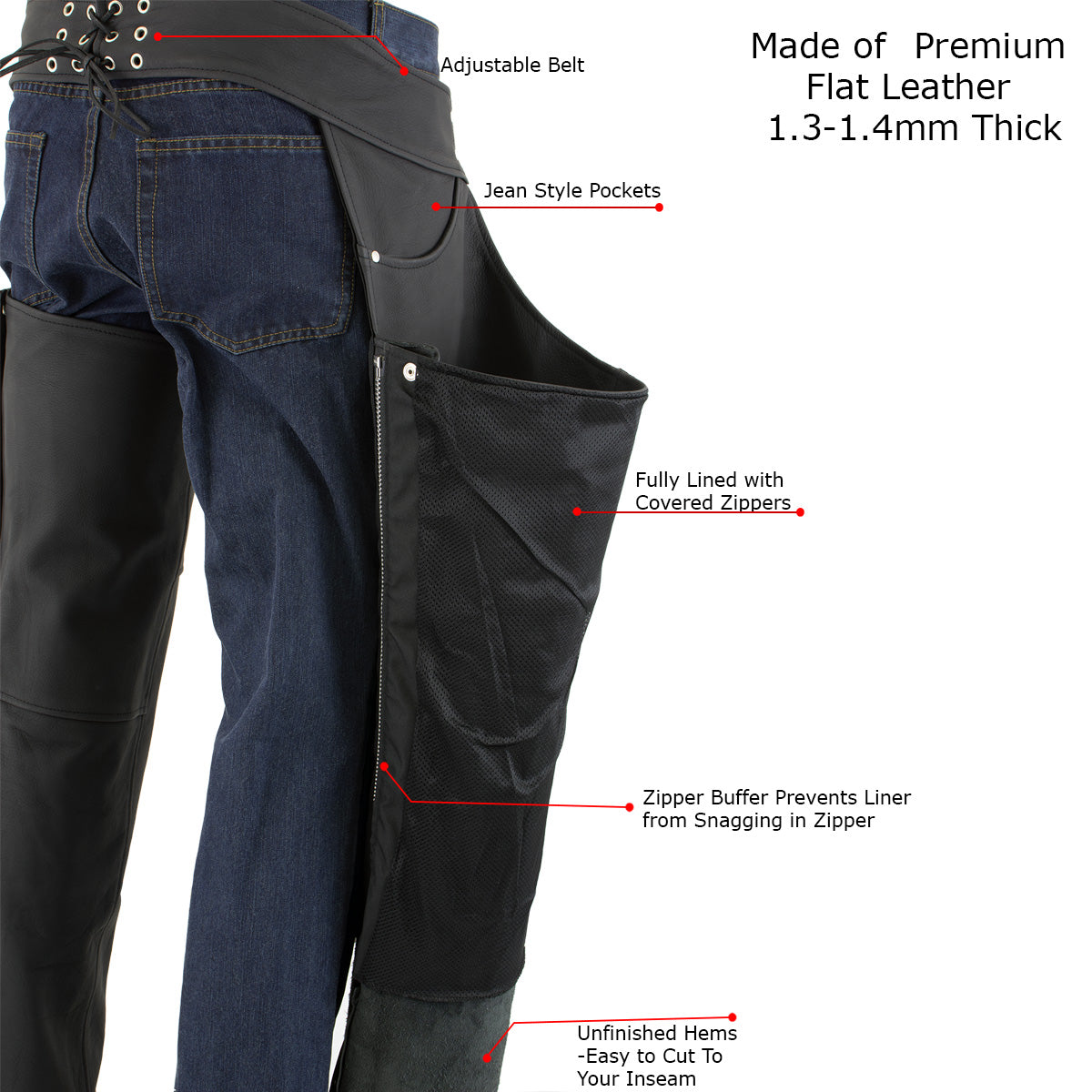 Milwaukee Leather LKM5717 Men's Flat Black Premium Leather Motorcycle Rider Biker Chaps w/ Jean Pockets