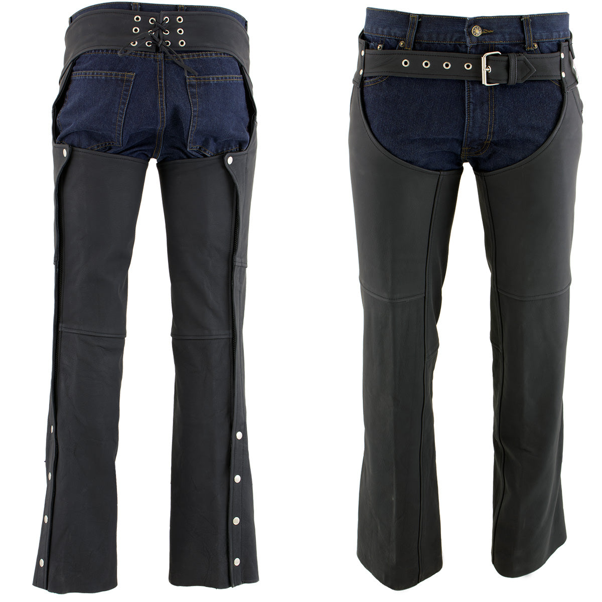 Milwaukee Leather LKM5717 Men's Flat Black Premium Leather Motorcycle Rider Biker Chaps w/ Jean Pockets
