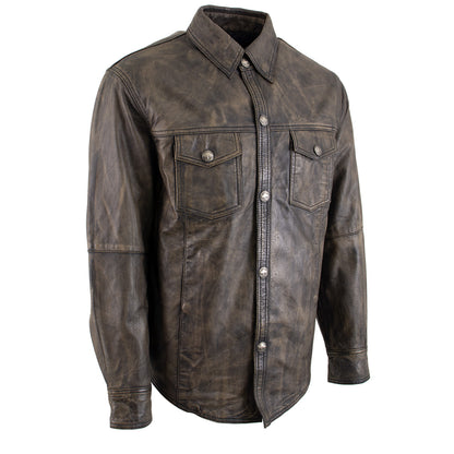 Milwaukee Leather MLM1613 Men's Distressed Brown Casual Biker Rider Leather Shirt w/ Vintage 5 Cent Buffalo Buttons